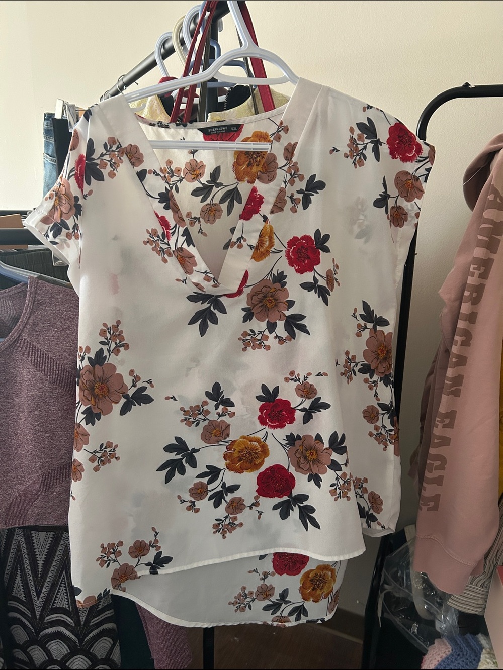 SHEIN White Floral V-Neck Flutter Sleeve Blouse